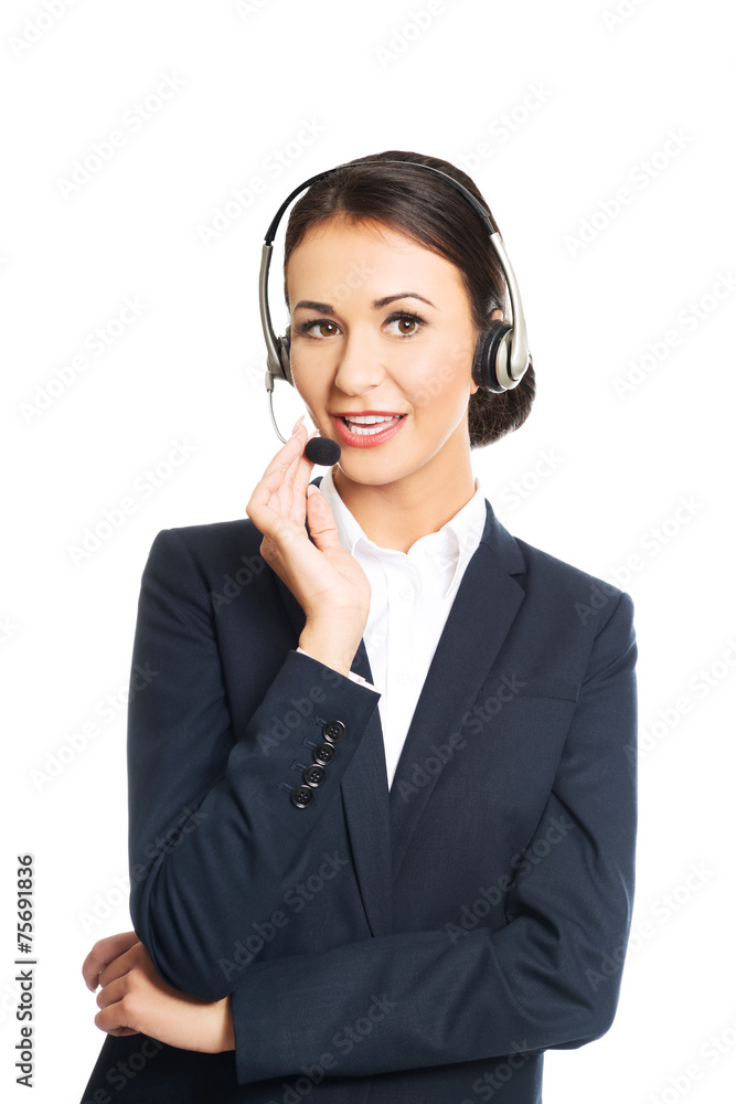 Portrait of call center woman talking to customer Portrait of call center woman talking to customer