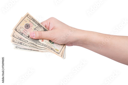 hand with stack of dollars isolated on white