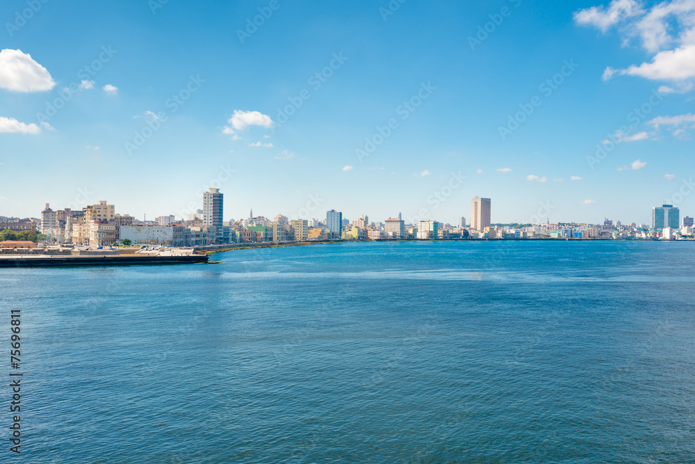 The skyline of Havana with the ocean on the foreground