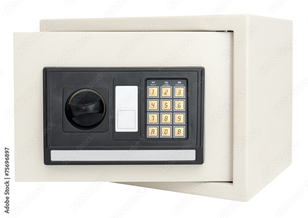 Open electronic safe isolated on white Open electronic safe isolated on white