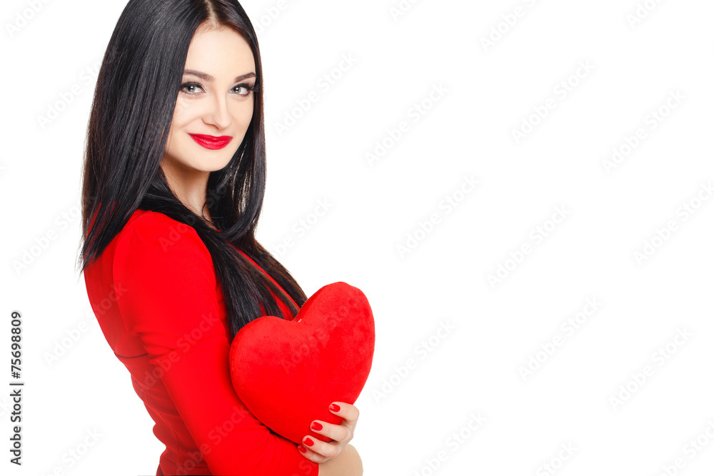 Portrait of a beautiful woman with red heart in hands. Portrait of a beautiful woman with red heart in hands.