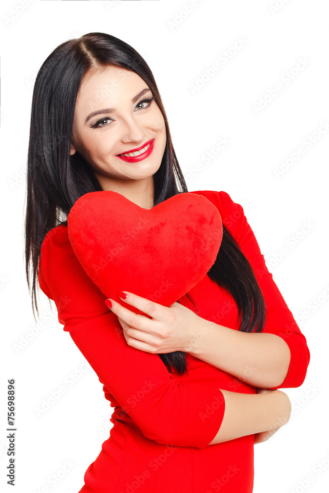 Portrait of a beautiful woman with red heart in hands. Portrait of a beautiful woman with red heart in hands.