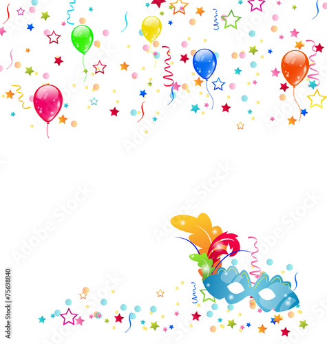 Carnival background with mask, confetti, balloons