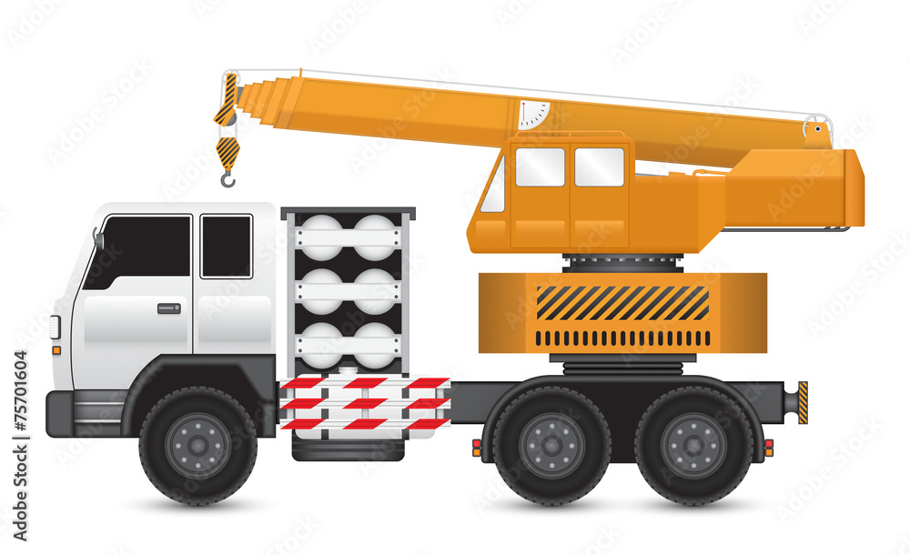 Mobile crane vector design. Truck mounted. Industrial machine equipment or vehicle with hoist, hook, rope and hydraulic telescopic boom for service and lifting heavy load in building construction site