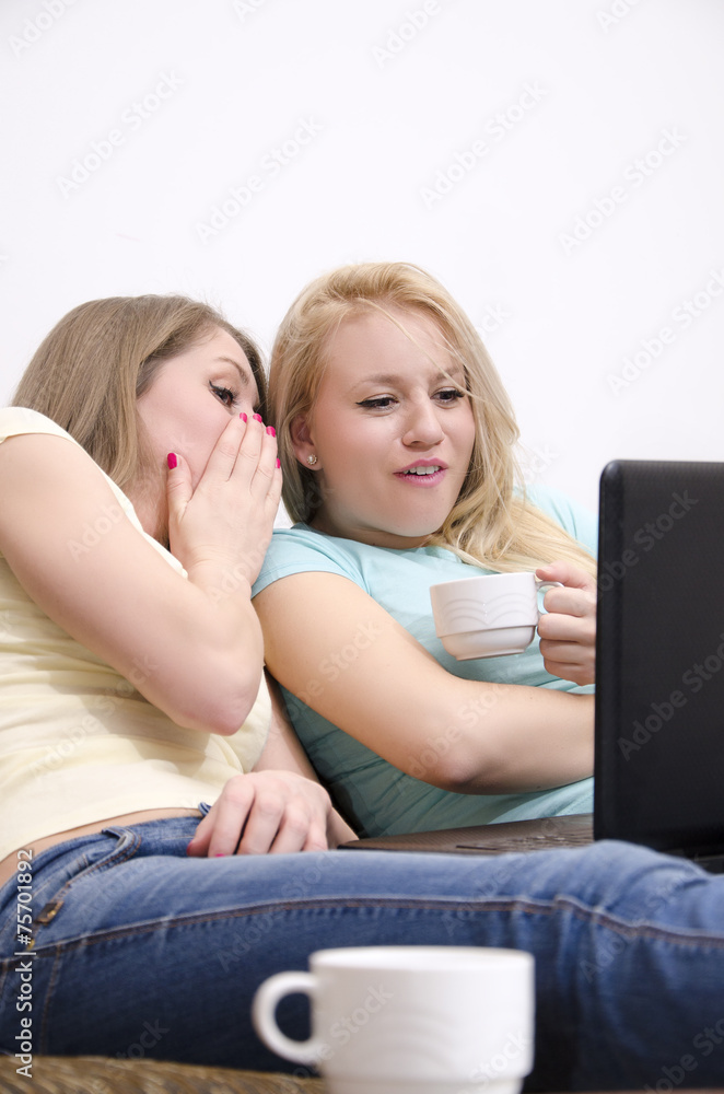 Girls drinking coffee and gossip, sitting in front of laptop Girls drinking coffee and gossip, sitting in front of laptop