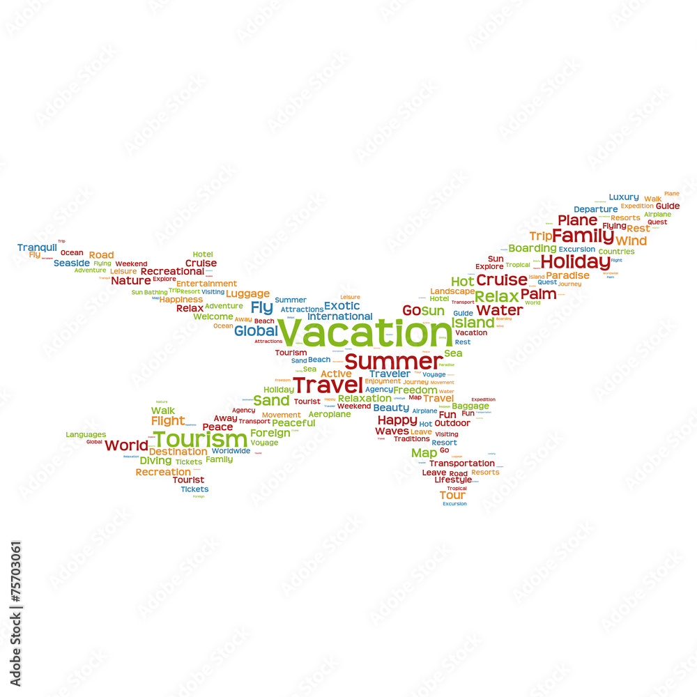 Vector conceptual travel or tourism plane word cloud