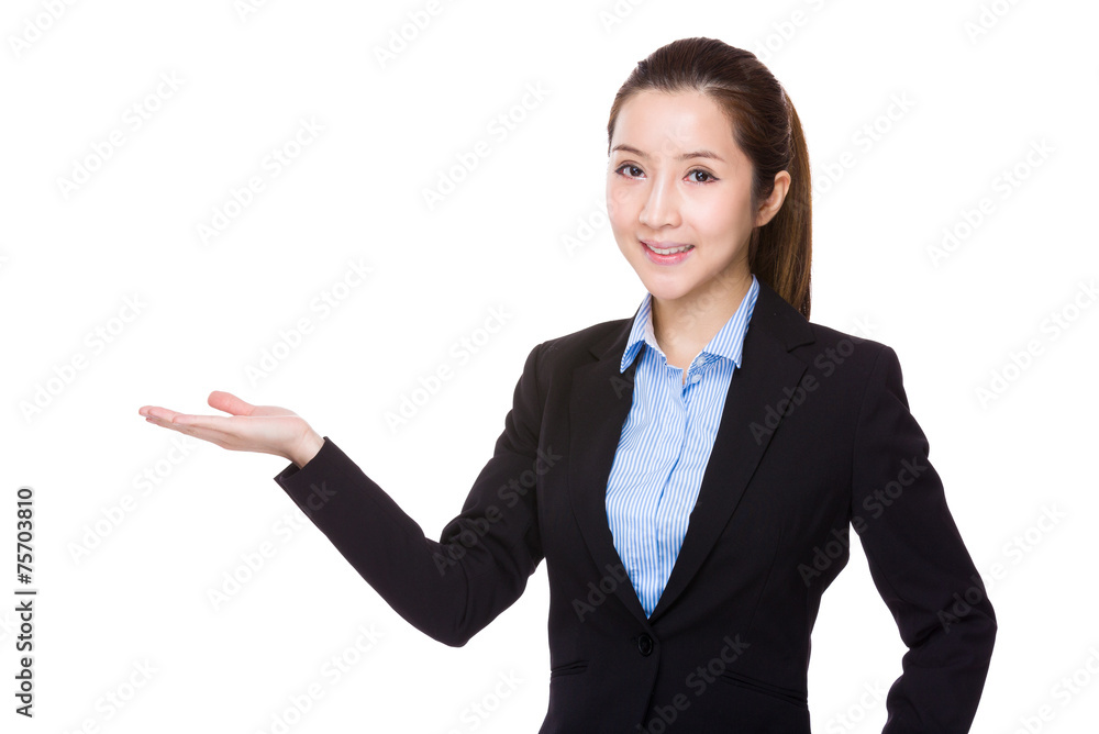 Businesswoman with open hand palm Businesswoman with open hand palm