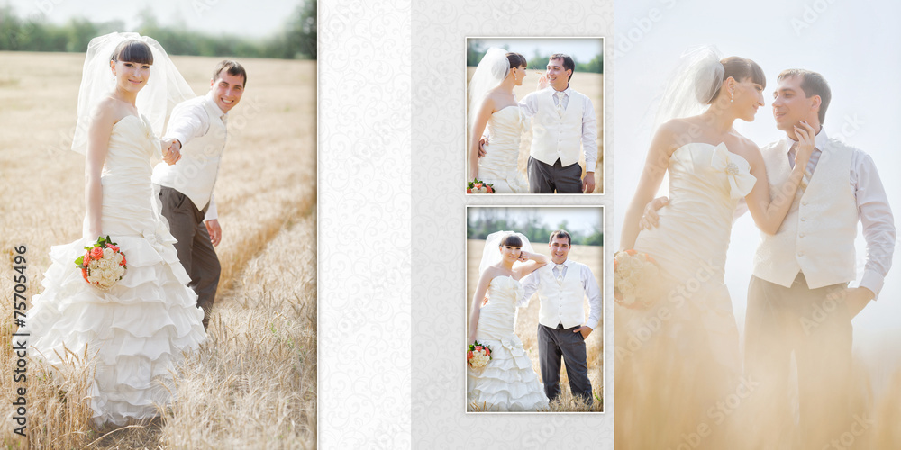 Collage - groom and the bride in the field of wheat