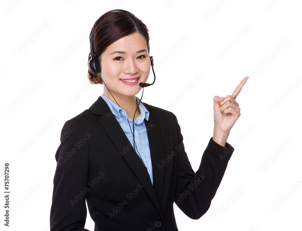 Customer services officer with finger point up Customer services officer with finger point up
