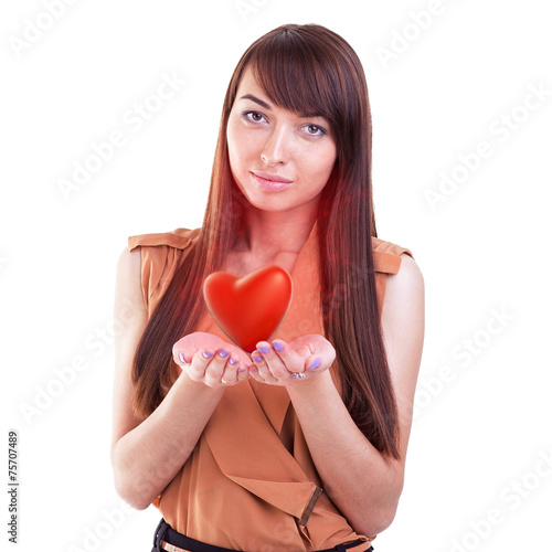 Donate heart. Girl holding red heart. Isolated on white.