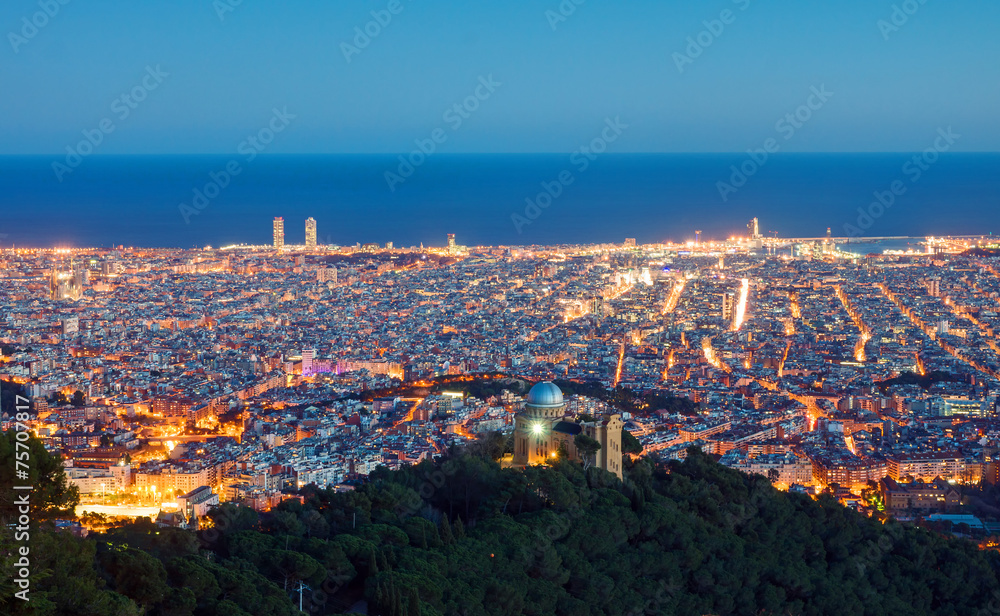 Fototapeta premium View over Barcelona from Mount Tibidabo at dawn