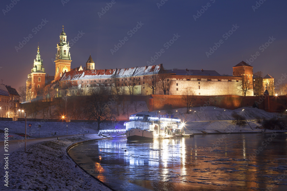 Wawel Castle at night in Cracow, Poland.