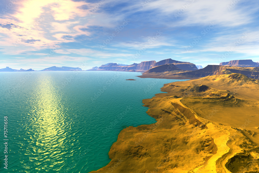 3D rendered fantasy alien planet. Sunset of a sun 3D rendered fantasy alien planet. Sunset of a sun