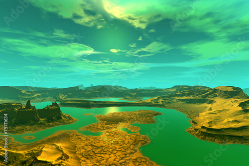 3D rendered fantasy alien planet. Sunset of a sun
