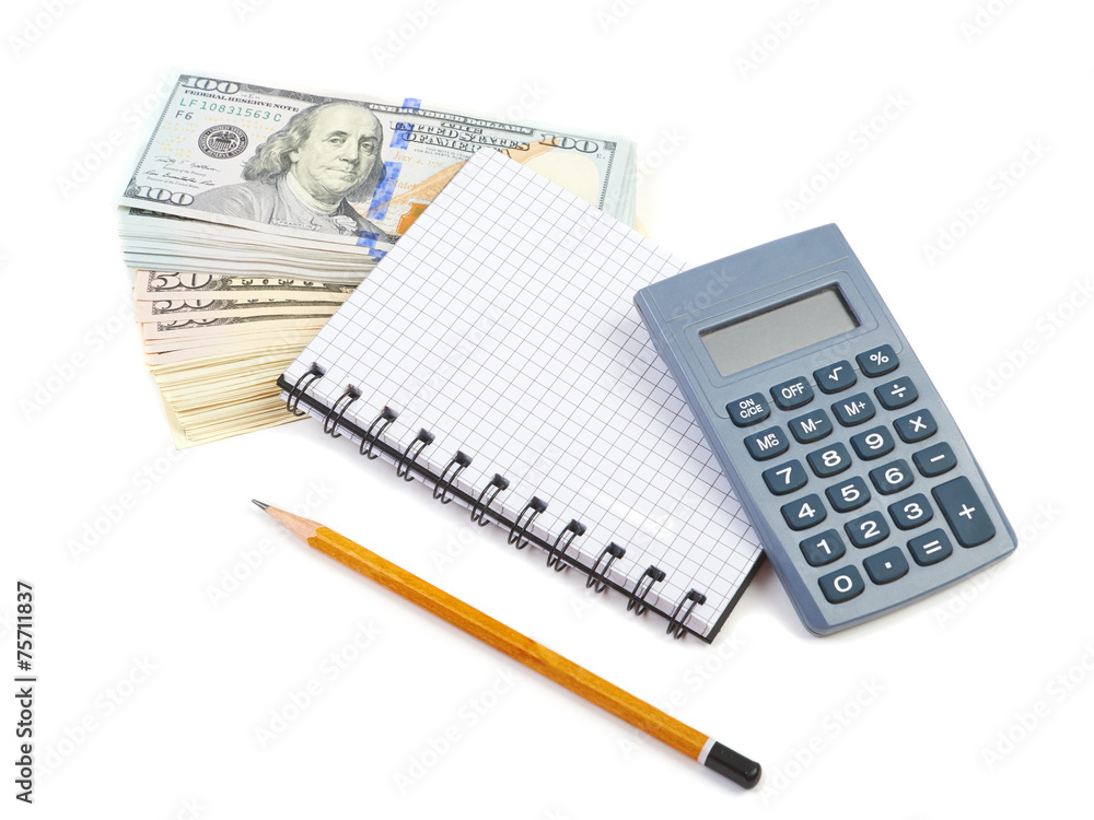 Bundle of dollars, calculator and notebook on a white background Bundle of dollars, calculator and notebook on a white background