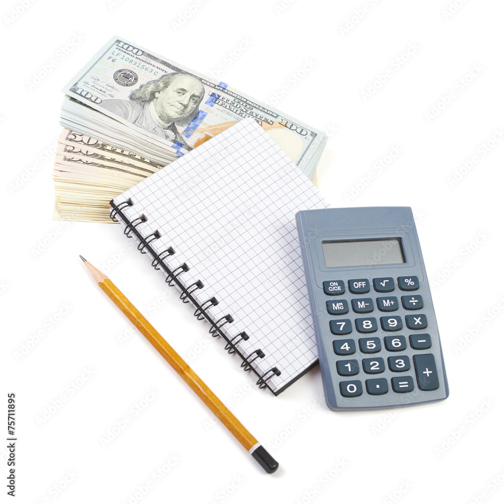Bundle of dollars, calculator and notebook on a white background Bundle of dollars, calculator and notebook on a white background