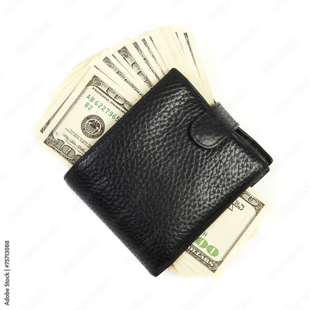 Black leather wallet with dollars. Isolated on white Black leather wallet with dollars. Isolated on white