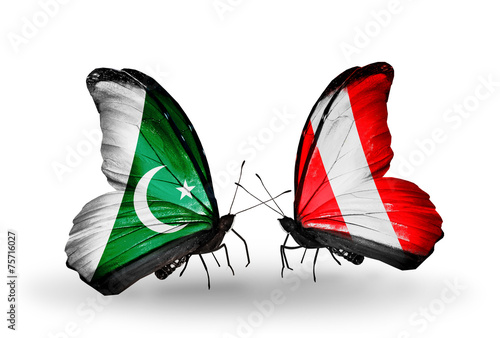Two butterflies with flags Pakistan and Peru