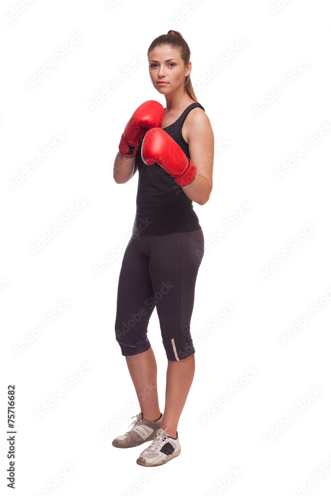 sport young woman with red gloves going to fighting sport young woman with red gloves going to fighting