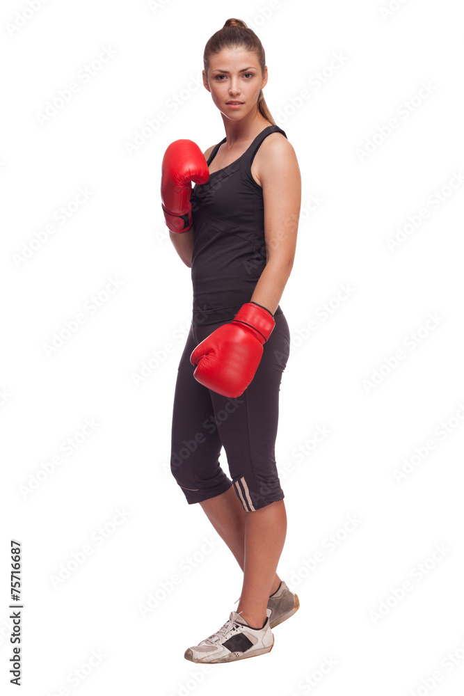 sport young woman with red gloves going to fighting sport young woman with red gloves going to fighting