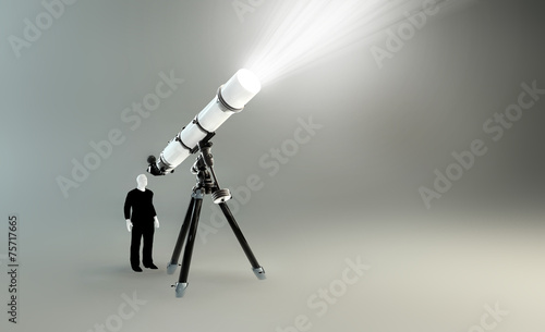 3D Man looking through a telescope 
