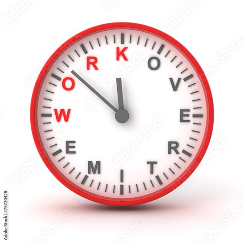 Clock with work overtime text, 3d render