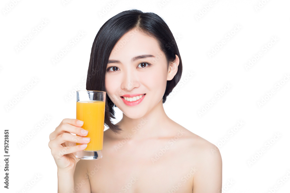 young woman with orange juice, white background young woman with orange juice, white background