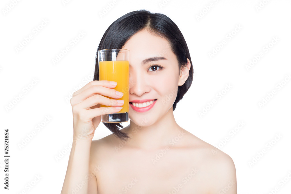 young woman with orange juice, white background young woman with orange juice, white background