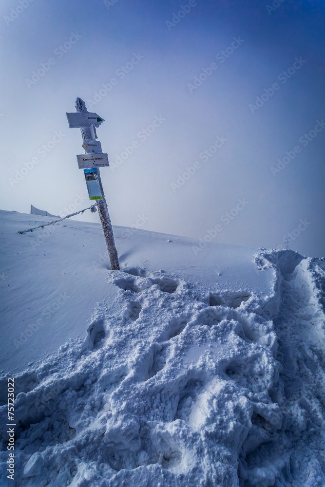 Obraz premium Snowy signpost on a mountain peak