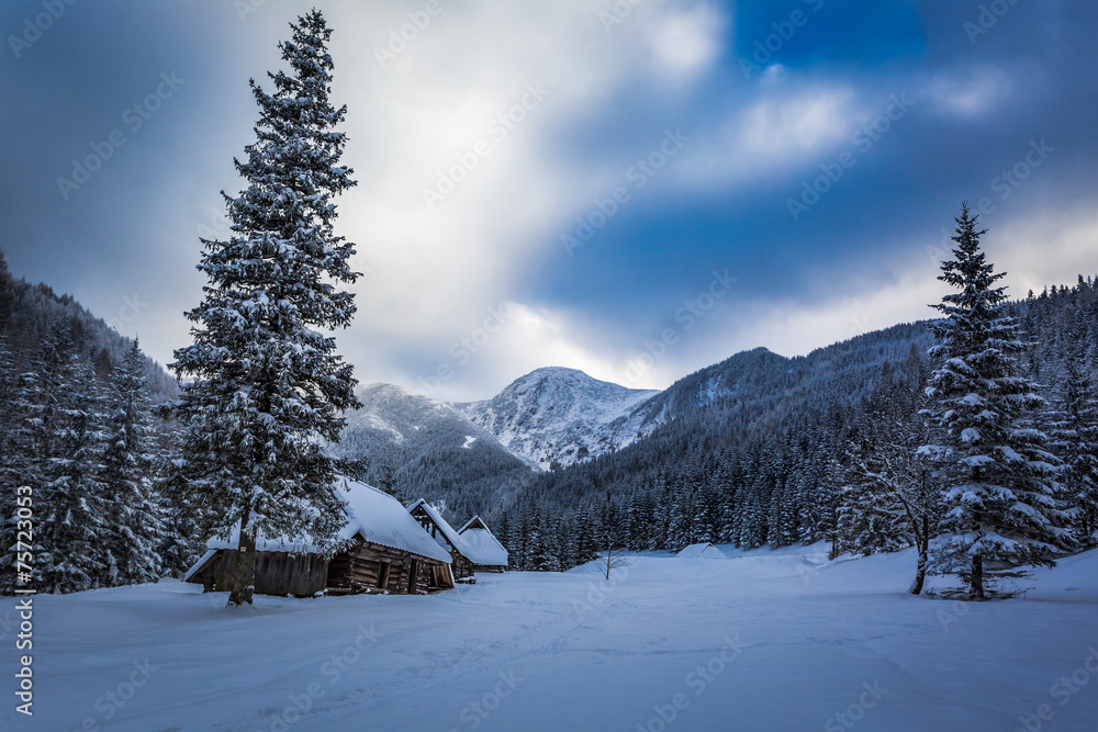 Fototapeta premium Snow capped wooden cottage in winter mountain valley