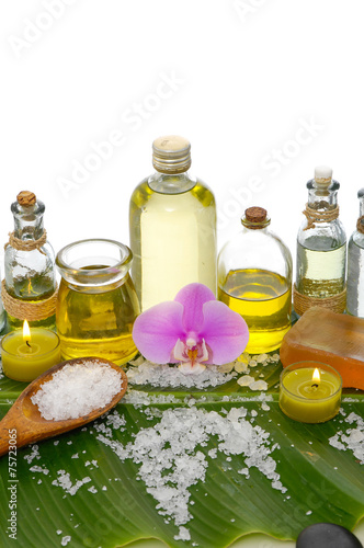 health spa and banana leaf texture with many white salt