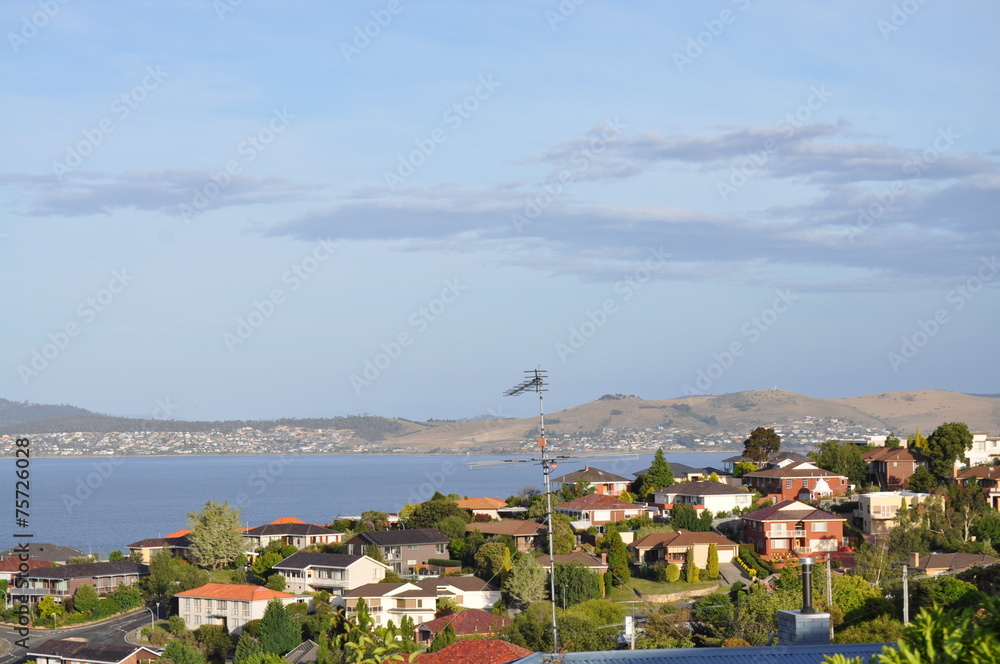 Sea view landscape with houses, Tasmania