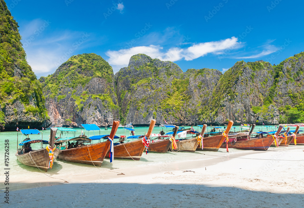 boats at Maya bay Phi Phi Leh island, Thailand