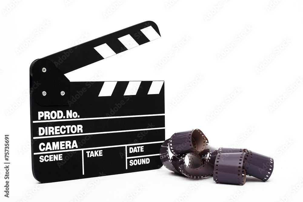 Fototapeta premium Movie clapper board and 35mm film on white background
