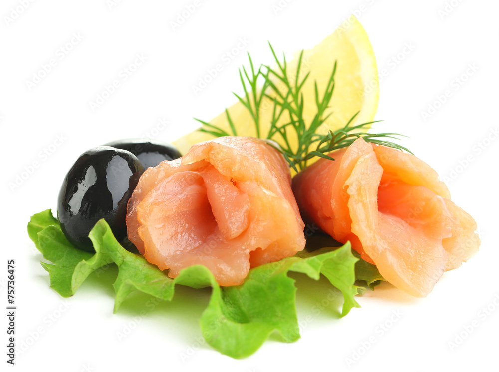 Sliced and rolled salmon, black olive and herbs isolated Sliced and rolled salmon, black olive and herbs isolated
