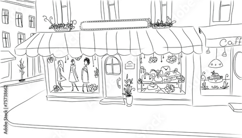 European sidewalk with fashion shop. Sketch.