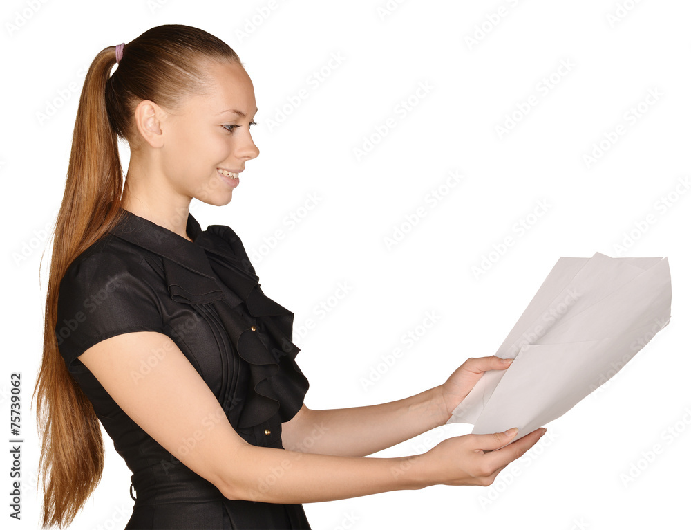 Business beautiful girl holding a blank sheet of paper. Business beautiful girl holding a blank sheet of paper.