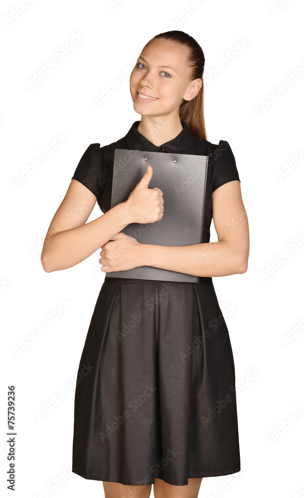 Business beautiful girl holding paper holder and a thumbs up. Business beautiful girl holding paper holder and a thumbs up.