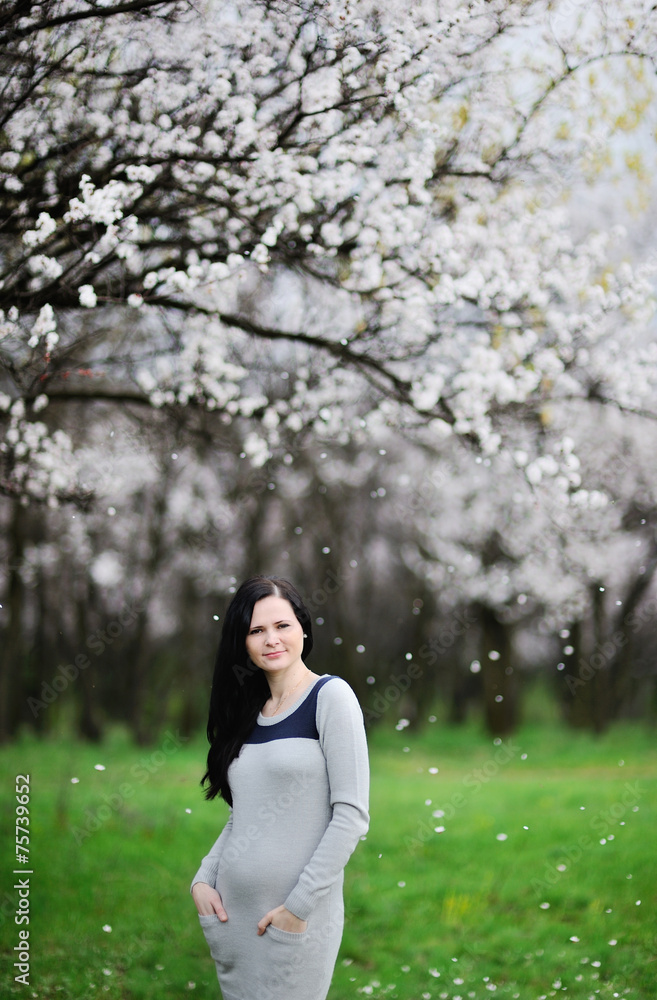 Pregnant girl on the background of blossoming apricot. Pregnant Pregnant girl on the background of blossoming apricot. Pregnant