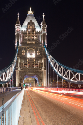Tower Bridge and car lights trail in London  UK