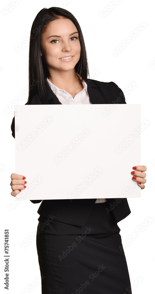 Business woman holding in hand a blank sheet of white cardboard Business woman holding in hand a blank sheet of white cardboard
