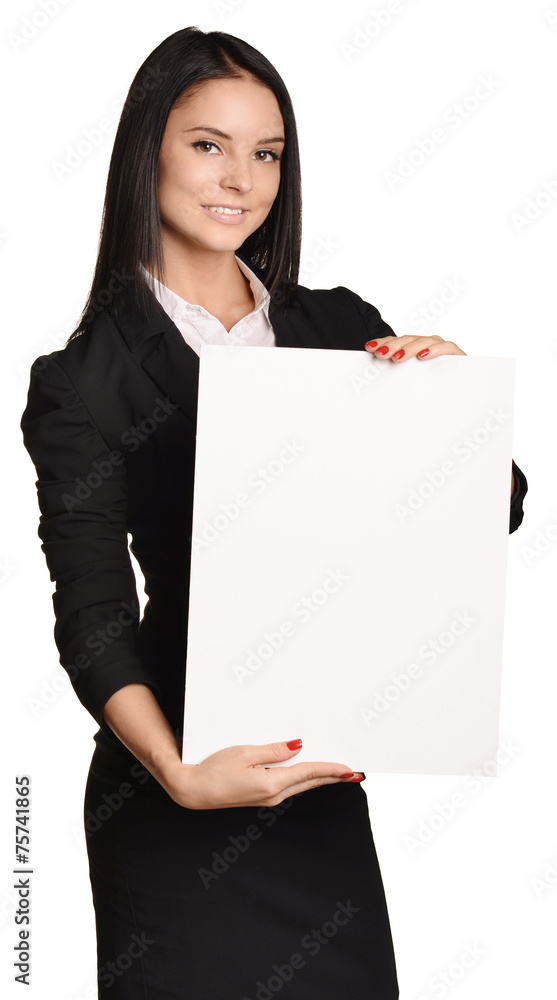 Business woman holding in hand a blank sheet of white cardboard Business woman holding in hand a blank sheet of white cardboard
