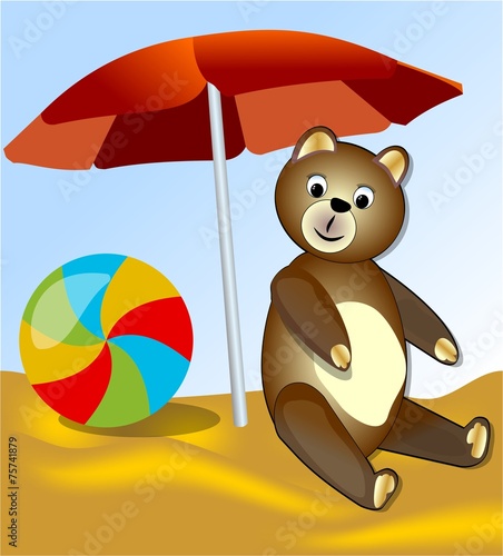 Teddy bear with resting on the sea under the red umbrella