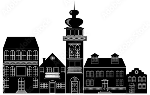 Black and white silhouette of the historic town