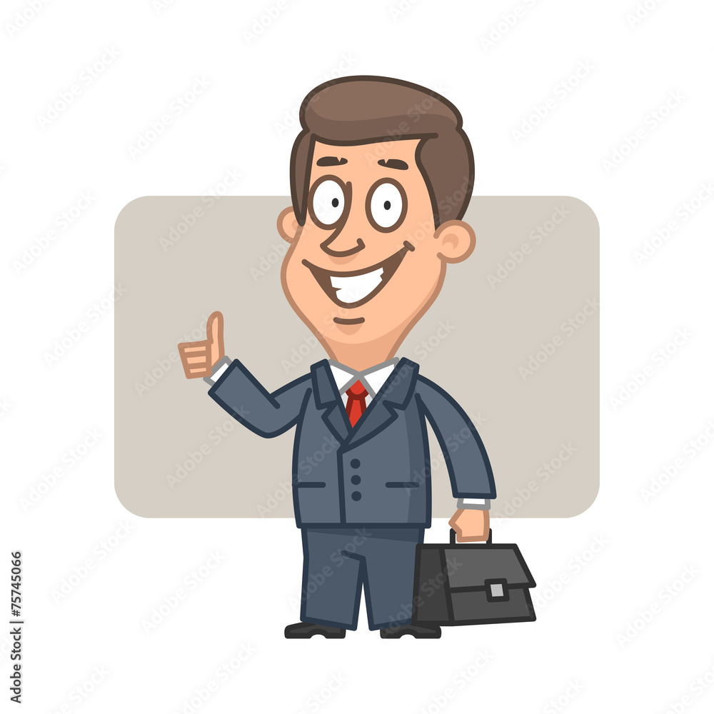 Businessman holding suitcase and showing thumbs up