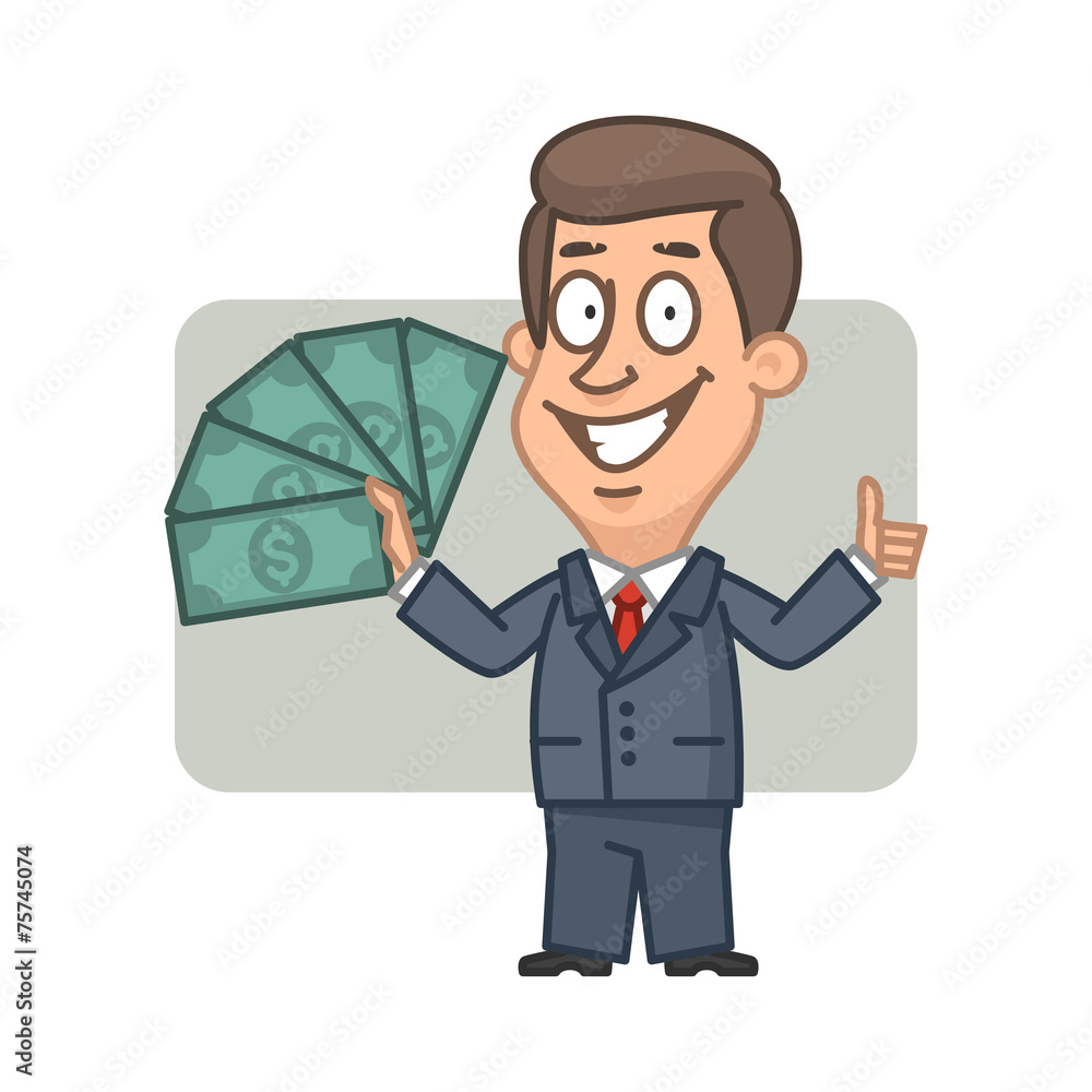 Businessman holding money and showing thumbs up