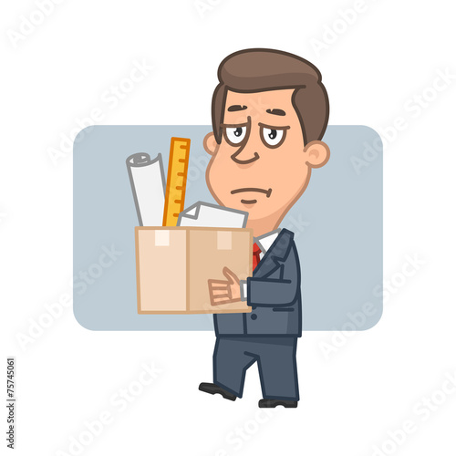 Character businessman holding box with things