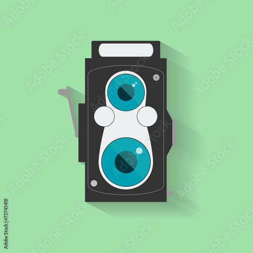Flat Vintage Camera Icon isolated on green