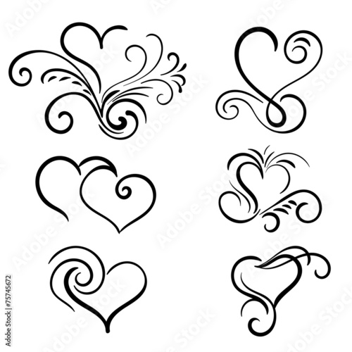 Hand drawn vector swirl heart elements