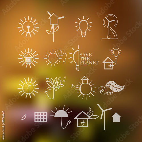 Illustrations with icons of ecology, environment, green energy